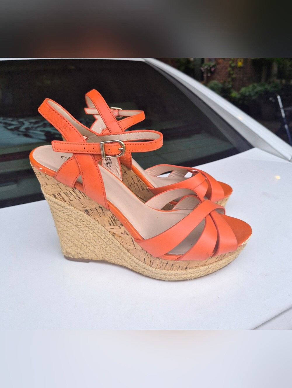 Charles David Orange Leather Cork Espadrille Platform Wedge Sandals 9.5